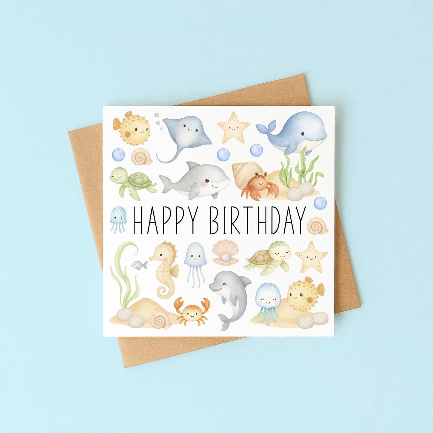 Ocean sea life Birthday card kids soft pastel Watercolour animals Design with Kraft Envelope