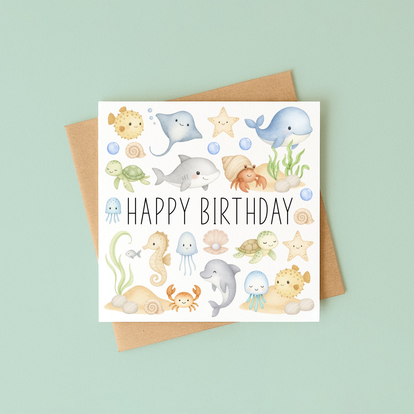 Ocean sea life Birthday card kids soft pastel Watercolour animals Design with Kraft Envelope