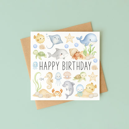 Ocean sea life Birthday card kids soft pastel Watercolour animals Design with Kraft Envelope