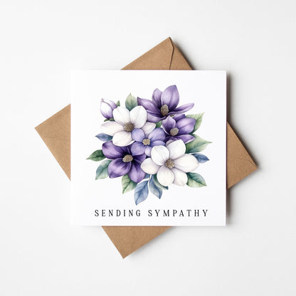Sympathy Card, purple green white muted floral bouquet sending sympathy with Kraft Envelope