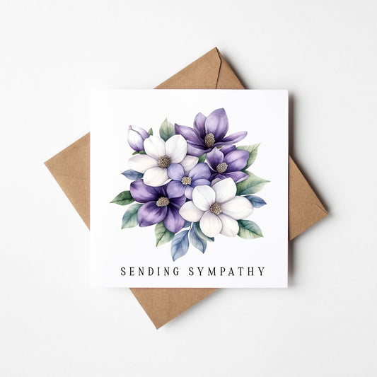 Sympathy Card, purple green white muted floral bouquet sending sympathy with Kraft Envelope