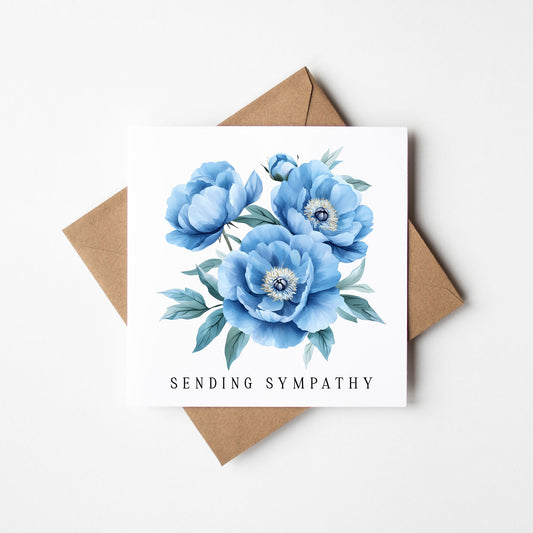 Sympathy Card, blue green floral bouquet sending sympathy with Kraft Envelope
