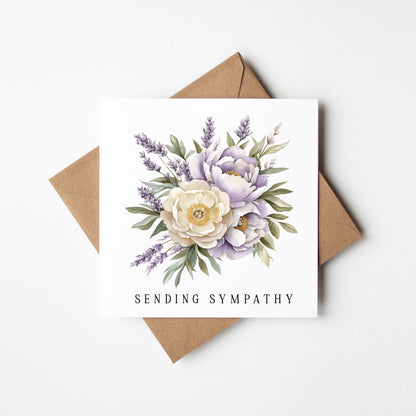 Sympathy Card, purple green muted floral bouquet sending sympathy with Kraft Envelope