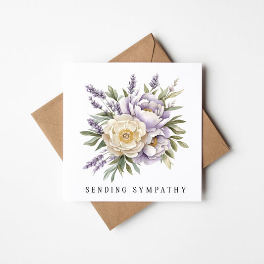 Sympathy Card, purple green muted floral bouquet sending sympathy with Kraft Envelope
