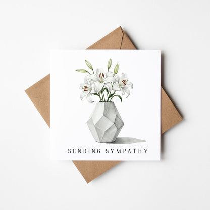 Sympathy Card, White Lillies floral bouquet sending sympathy with Kraft Envelope