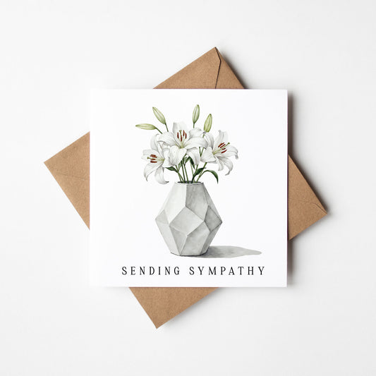 Sympathy Card, White Lillies floral bouquet sending sympathy with Kraft Envelope