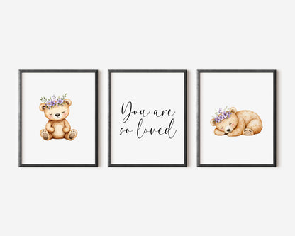 Woodland bear Nursery Prints Set Pink Purple bears you are so loved Girls Room Decor unframed wall art posters