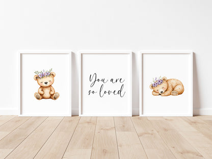 Woodland bear Nursery Prints Set Pink Purple bears you are so loved Girls Room Decor unframed wall art posters
