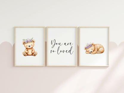 Woodland bear Nursery Prints Set Pink Purple bears you are so loved Girls Room Decor unframed wall art posters