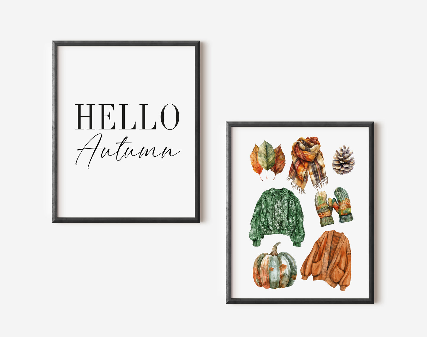 Set of 2 Autumn prints, Hello Autumn, seasonal jumpers foliage fashion unframed wall art poster prints, seasonal decor, Autumn wall art set