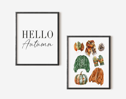 Set of 2 Autumn prints, Hello Autumn, seasonal jumpers foliage fashion unframed wall art poster prints, seasonal decor, Autumn wall art set