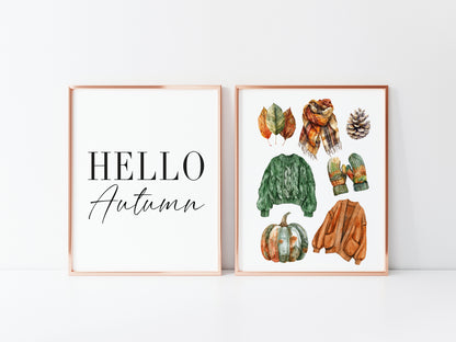 Set of 2 Autumn prints, Hello Autumn, seasonal jumpers foliage fashion unframed wall art poster prints, seasonal decor, Autumn wall art set