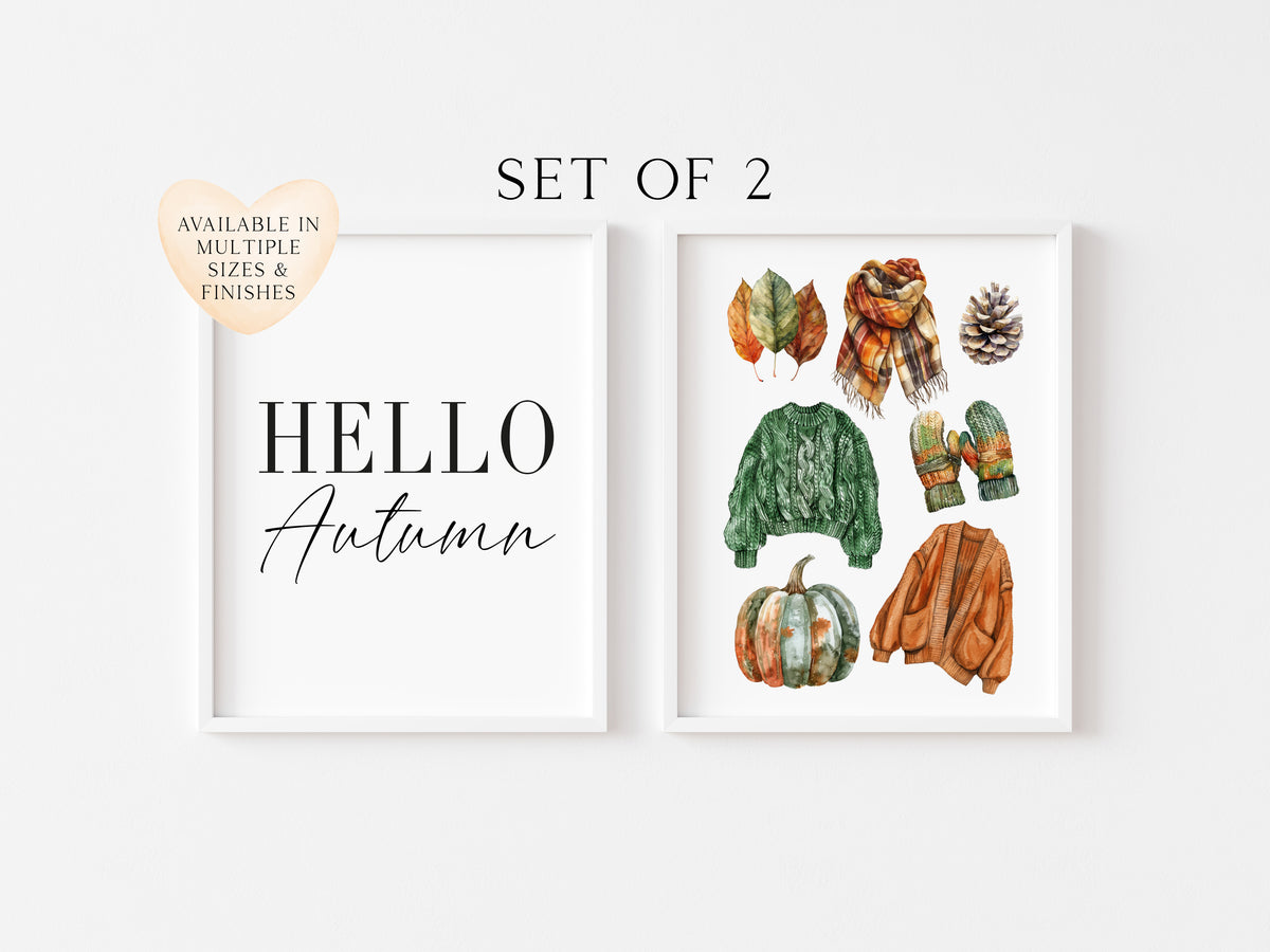 Set of 2 Autumn prints, Hello Autumn, seasonal jumpers foliage fashion unframed wall art poster prints, seasonal decor, Autumn wall art set