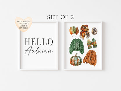 Set of 2 Autumn prints, Hello Autumn, seasonal jumpers foliage fashion unframed wall art poster prints, seasonal decor, Autumn wall art set