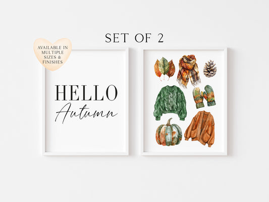 Set of 2 Autumn prints, Hello Autumn, seasonal jumpers foliage fashion unframed wall art poster prints, seasonal decor, Autumn wall art set