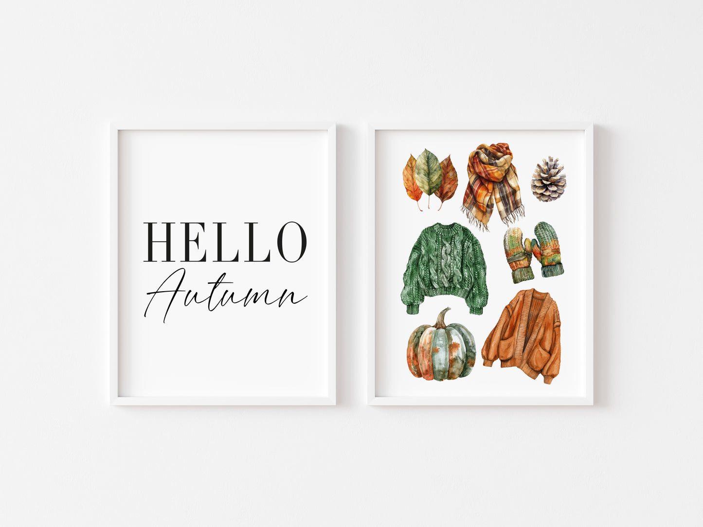 Set of 2 Autumn prints, Hello Autumn, seasonal jumpers foliage fashion unframed wall art poster prints, seasonal decor, Autumn wall art set