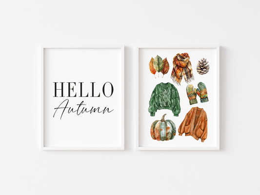 Set of 2 Autumn prints, Hello Autumn, seasonal jumpers foliage fashion unframed wall art poster prints, seasonal decor, Autumn wall art set
