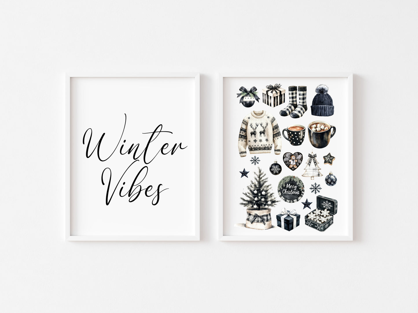 Christmas prints, set of 2, winter vibes Art Print Black monochrome Decor (unframed)