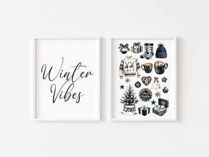 Christmas prints, set of 2, winter vibes Art Print Black monochrome Decor (unframed)