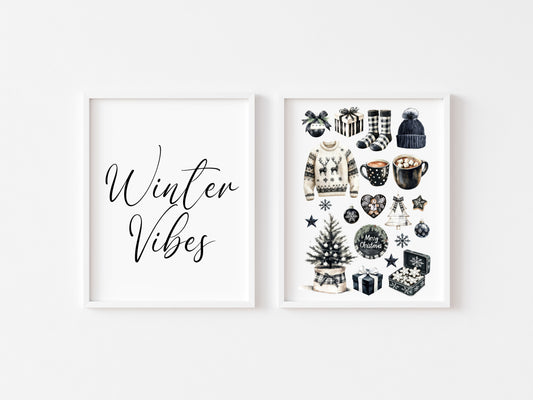 Christmas prints, set of 2, winter vibes Art Print Black monochrome Decor (unframed)