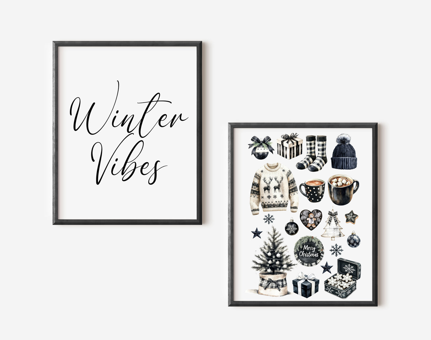 Christmas prints, set of 2, winter vibes Art Print Black monochrome Decor (unframed)