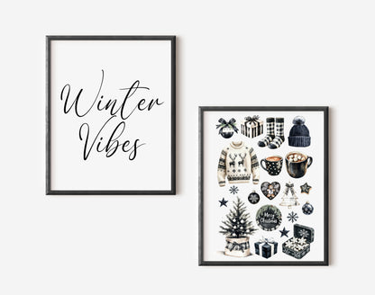 Christmas prints, set of 2, winter vibes Art Print Black monochrome Decor (unframed)