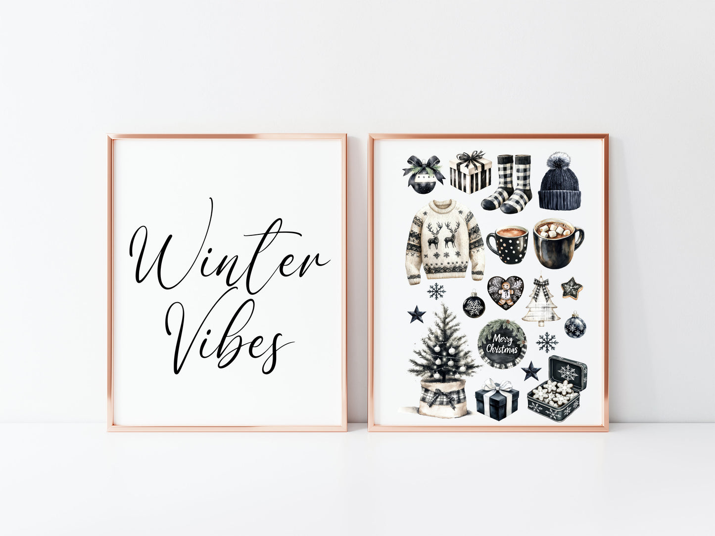 Christmas prints, set of 2, winter vibes Art Print Black monochrome Decor (unframed)