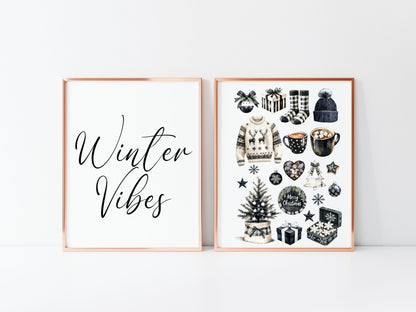 Christmas prints, set of 2, winter vibes Art Print Black monochrome Decor (unframed)