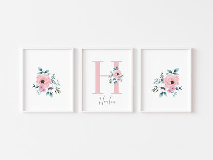 Set of 3 personalised name initial floral bedroom girls set of unframed wall art poster prints