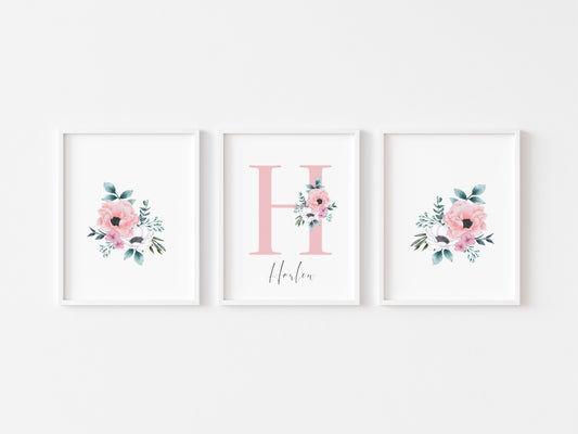 Set of 3 personalised name initial floral bedroom girls set of unframed wall art poster prints