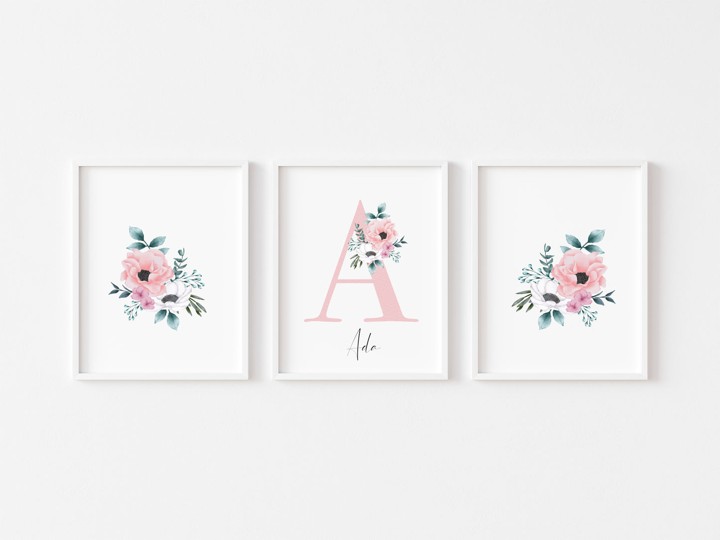 Set of 3 personalised name initial floral bedroom girls set of unframed wall art poster prints