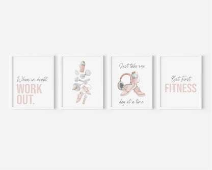 Set of 4 fitness gym prints pink purple mauve cardio sports motivational gym room bedroom unframed wall art poster prints fitness art