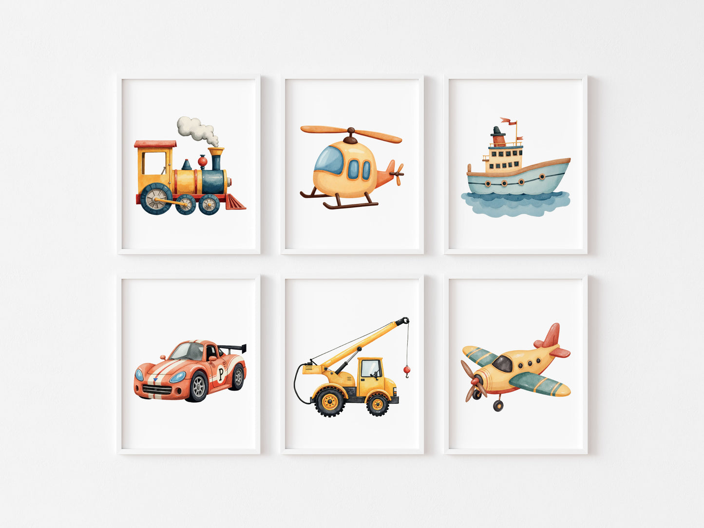 Set of 6 Transport prints trucks planes cars diggers boats transport themed wall art (unframed)
