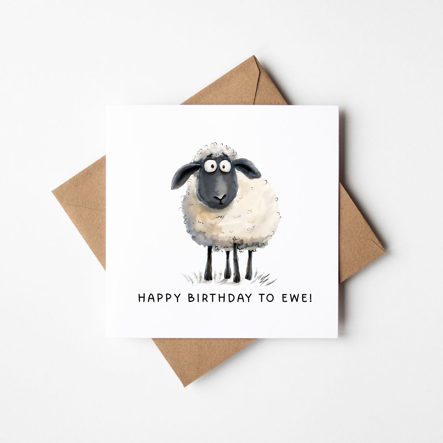 Sheep Birthday card, funny happy bday to Ewe animal watercolour card with envelope