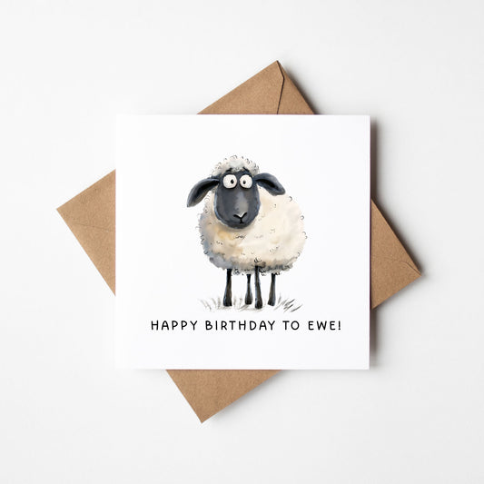 Sheep Birthday card, funny happy bday to Ewe animal watercolour card with envelope