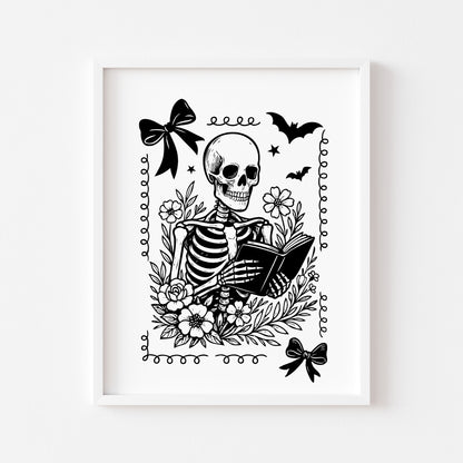 Halloween prints, spooky monochrome black & white ghost skeleton coffee book reading seasonal halloween unframed wall art poster prints