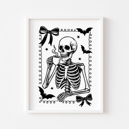 Halloween prints, spooky monochrome black & white ghost skeleton coffee book reading seasonal halloween unframed wall art poster prints