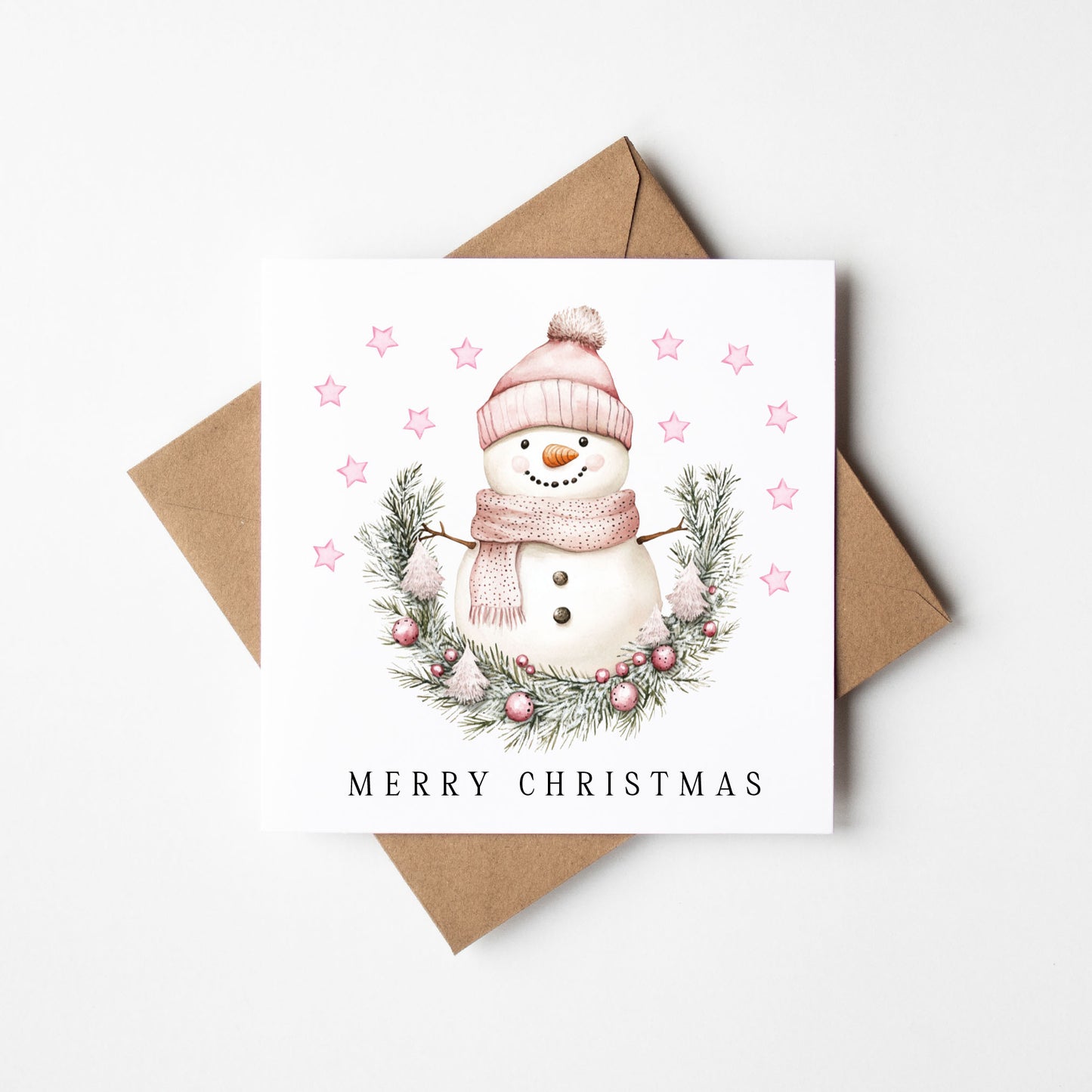 Christmas Card watercolour festive pink snowman xmas with envelope