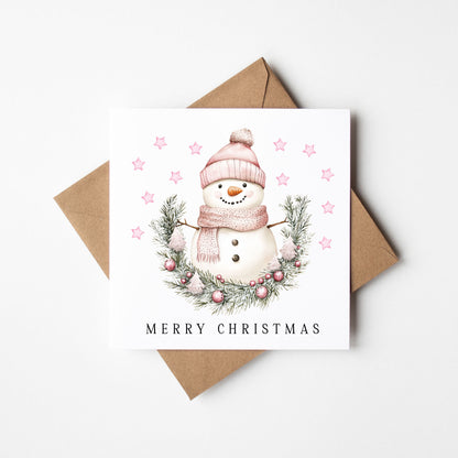 Christmas Card watercolour festive pink snowman xmas with envelope