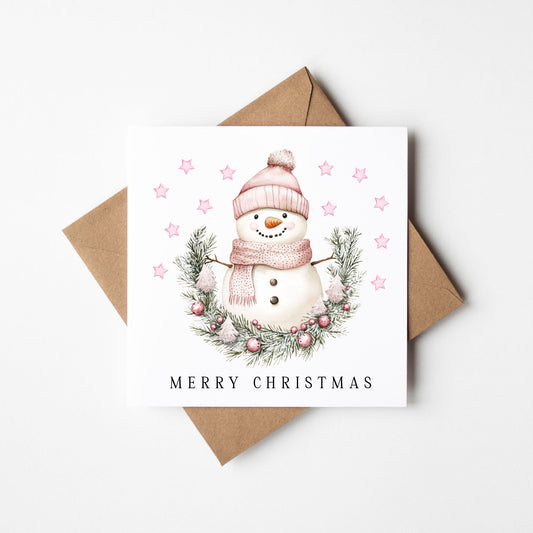 Christmas Card watercolour festive pink snowman xmas with envelope