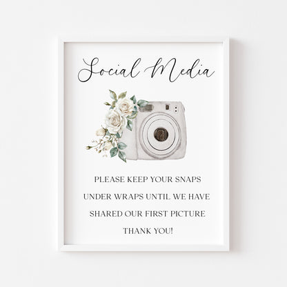 Wedding Social Media Sign grey camera White Roses Botanical unframed print