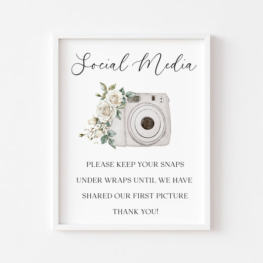 Wedding Social Media Sign grey camera White Roses Botanical unframed print