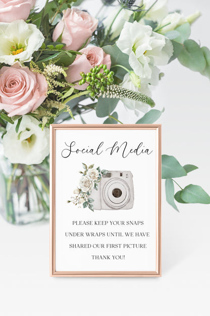 Wedding Social Media Sign grey camera White Roses Botanical unframed print