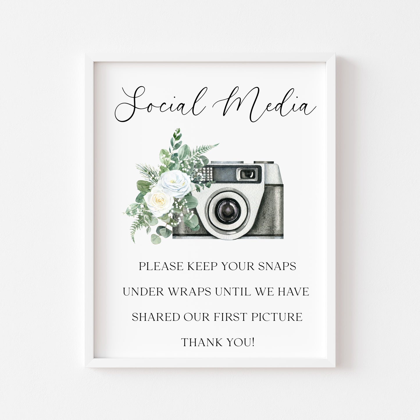 Wedding Social Media Sign Black & white camera White Roses Botanical unframed print