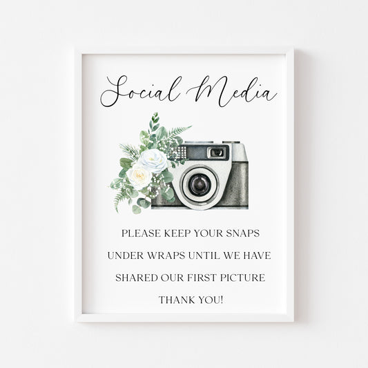 Wedding Social Media Sign Black & white camera White Roses Botanical unframed print