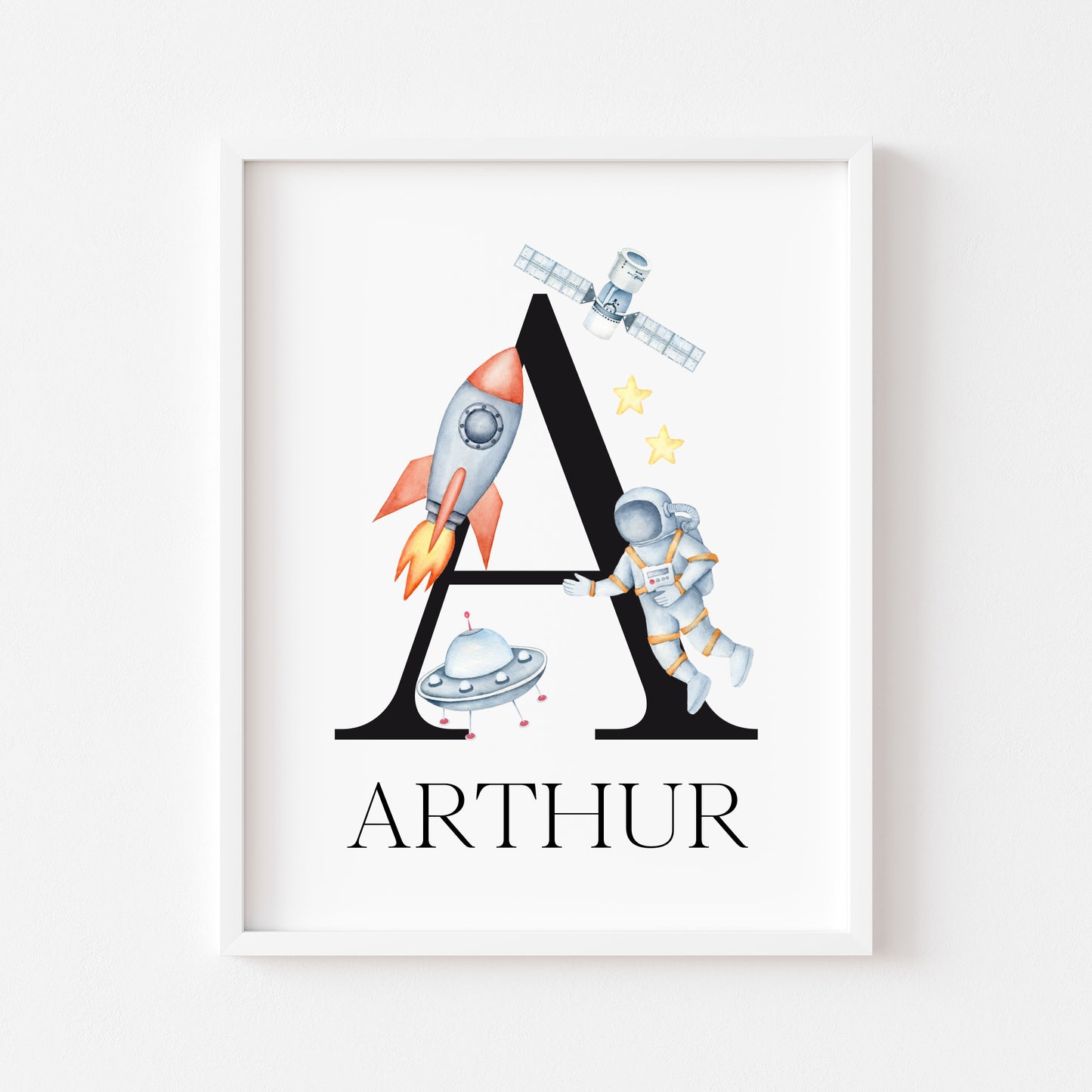 Personalised Space Nursery Name Print, Astronaut Rocket Wall Art (Unframed)