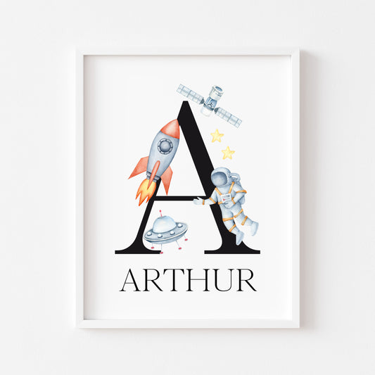 Personalised Space Nursery Name Print, Astronaut Rocket Wall Art (Unframed)