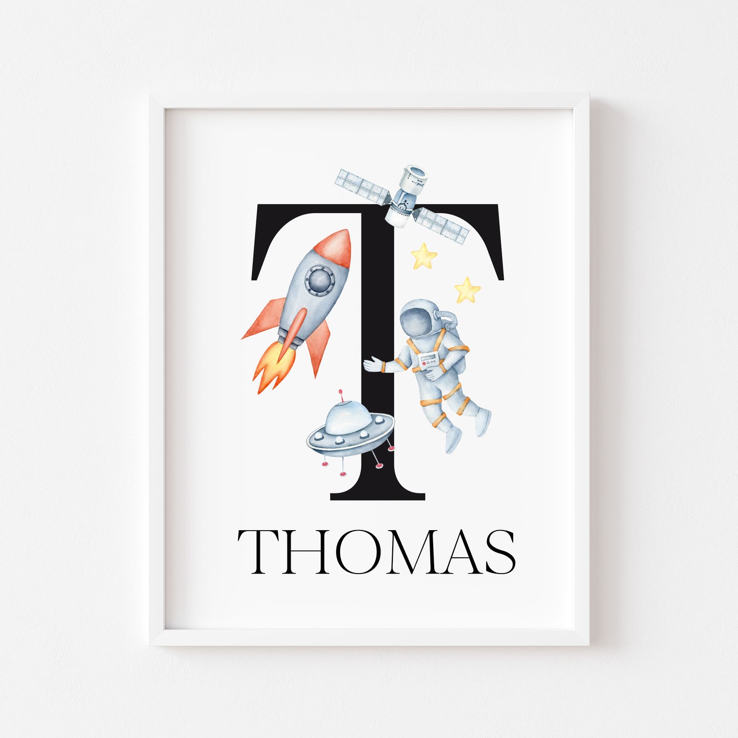 Personalised Space Nursery Name Print, Astronaut Rocket Wall Art (Unframed)