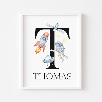 Personalised Space Nursery Name Print, Astronaut Rocket Wall Art (Unframed)