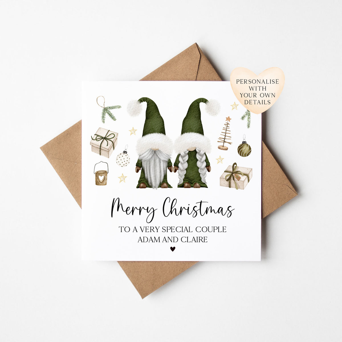 Couples Christmas Card, Green Gonks winter friends personalised card with envelope